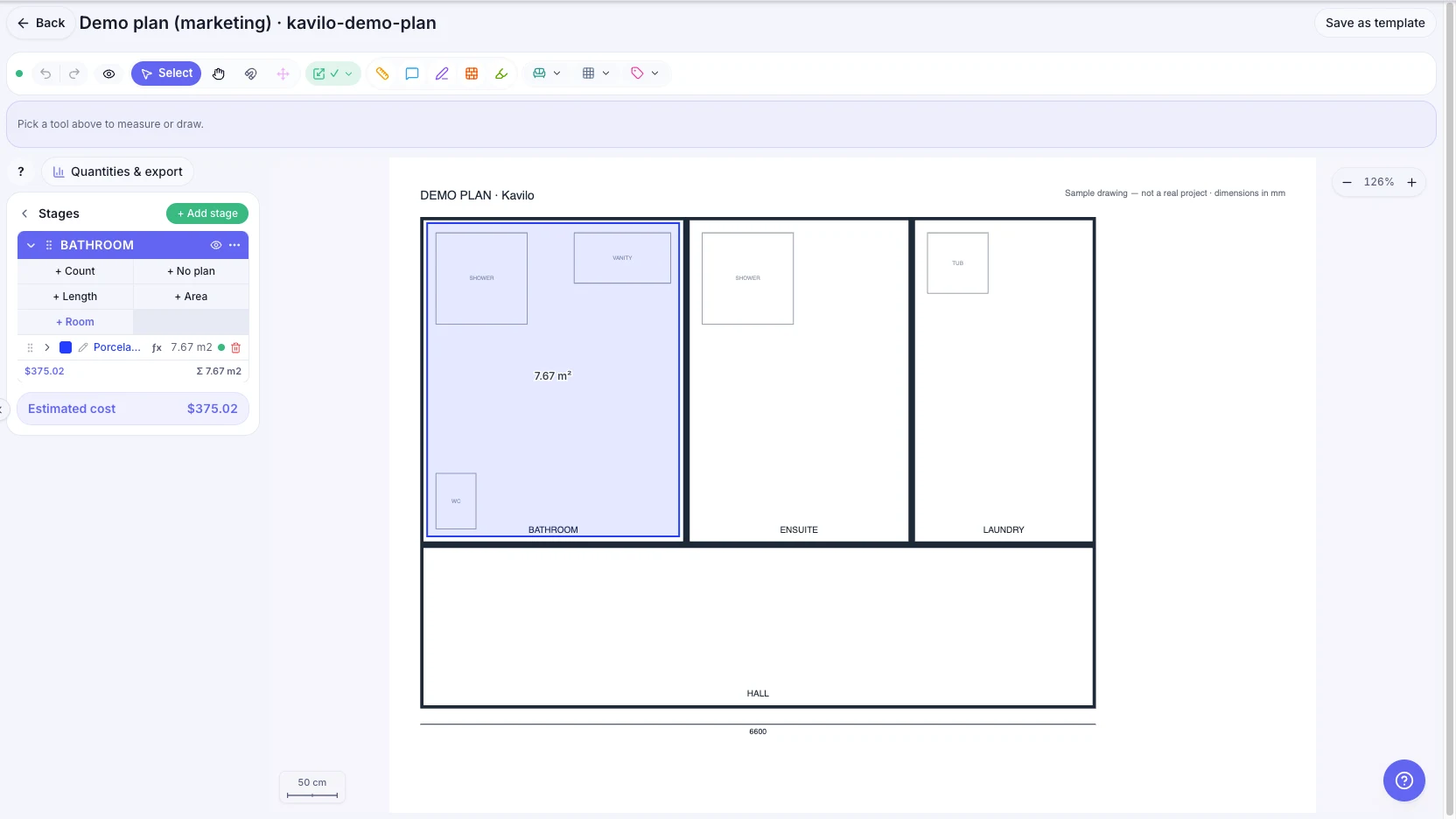 Kavilo Takeoff: a bathroom floor traced on a PDF plan, showing 7.67 m² measured on screen and an estimated cost of $375.02 in the stage panel.